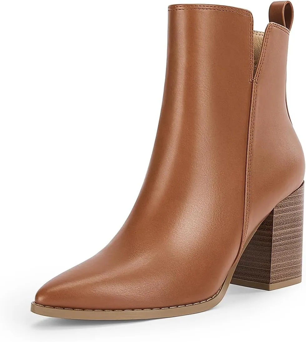 FOWT Women Pointed Toe Side Zipper Ankle Boots Stacked Block High Heel Booties Warm Winter Dressy Outdoor Travel Shoes Size 4-16 US