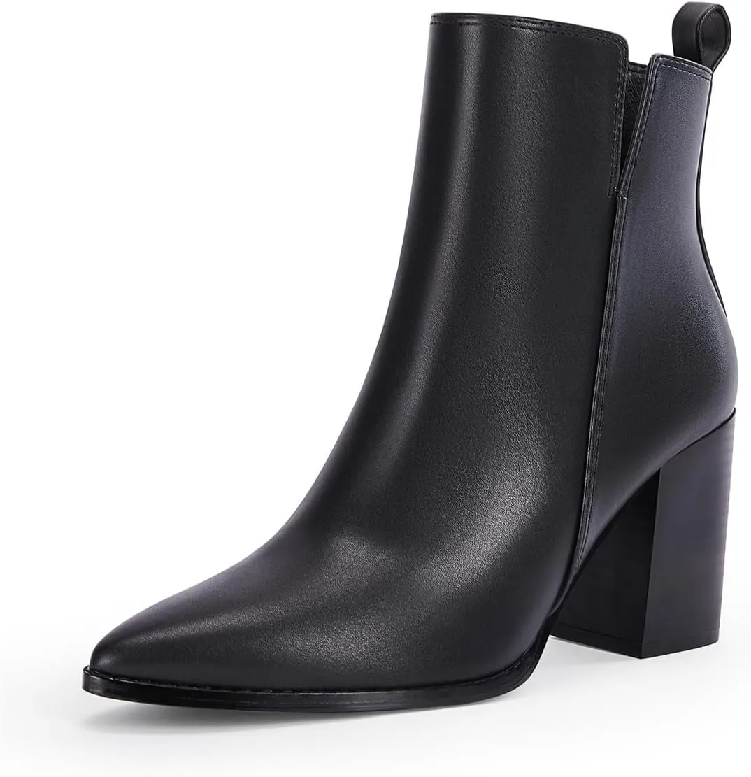 FOWT Women Pointed Toe Side Zipper Ankle Boots Stacked Block High Heel Booties Warm Winter Dressy Outdoor Travel Shoes Size 4-16 US