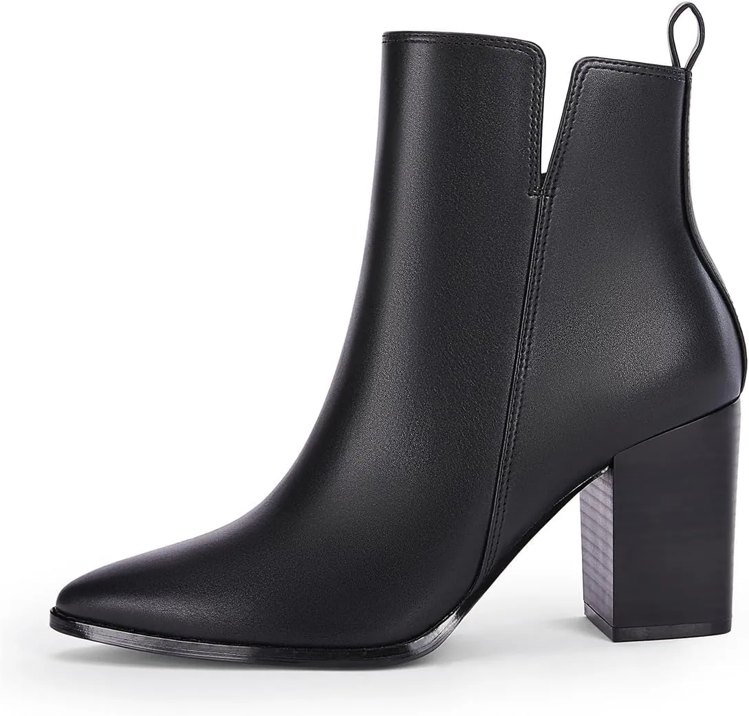 FOWT Women Pointed Toe Side Zipper Ankle Boots Stacked Block High Heel Booties Warm Winter Dressy Outdoor Travel Shoes Size 4-16 US