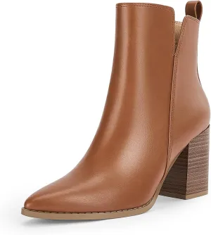 FOWT Women Pointed Toe Side Zipper Ankle Boots Stacked Block High Heel Booties Warm Winter Dressy Outdoor Travel Shoes Size 4-16 US