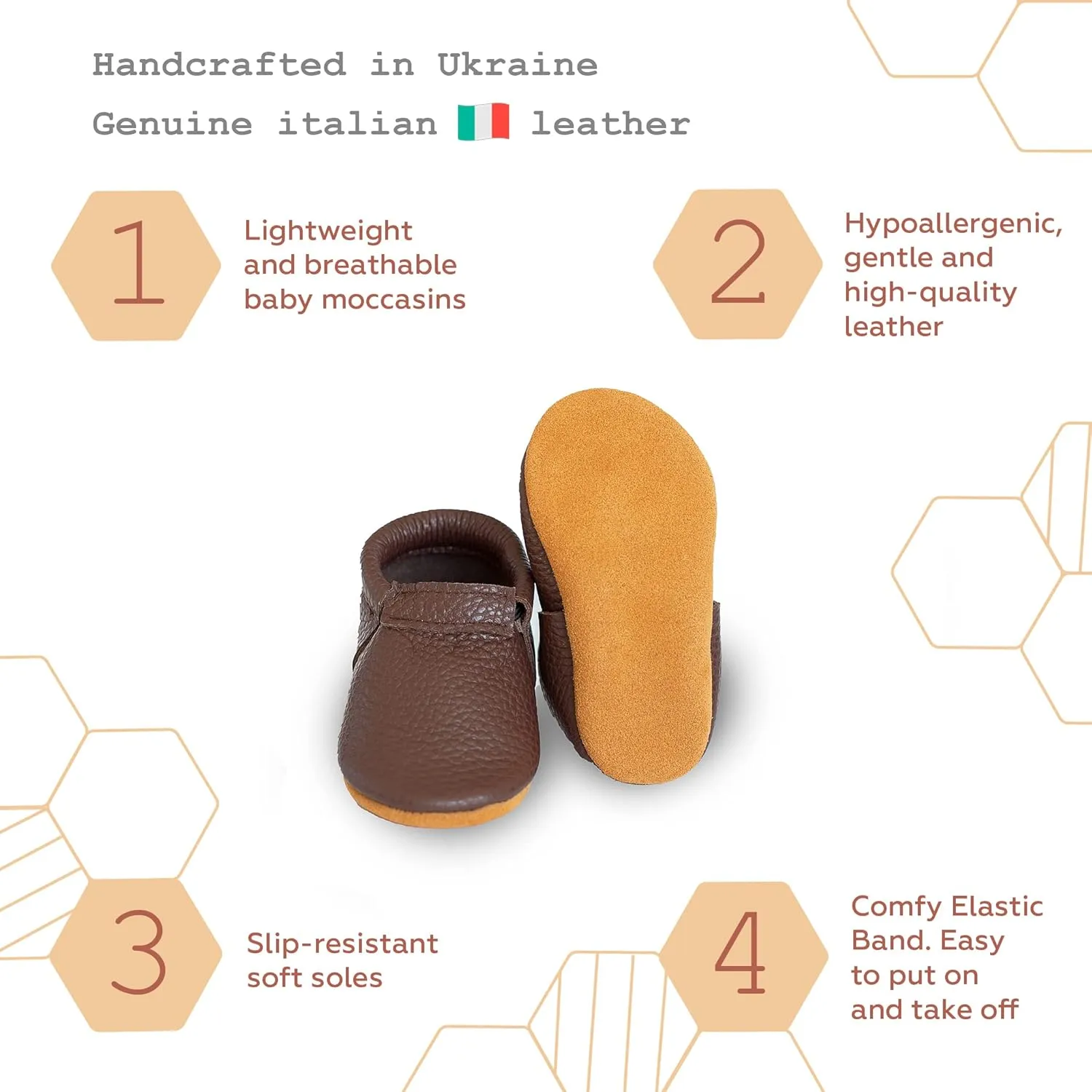 Fringeless Baby Moccasins with Non-Slip Suede Sole - Genuine Italian Leather, Boys and Girls Shoes for Newborns, Babies, Infants, Toddlers