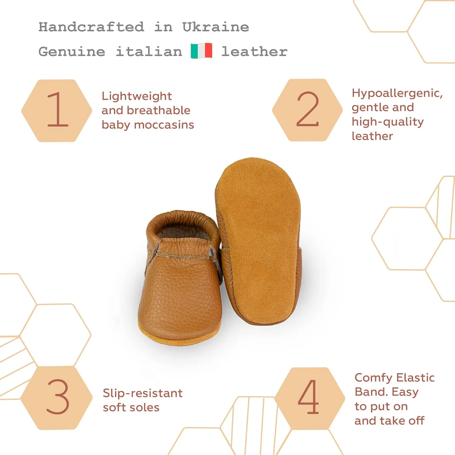 Fringeless Baby Moccasins with Non-Slip Suede Sole - Genuine Italian Leather, Boys and Girls Shoes for Newborns, Babies, Infants, Toddlers