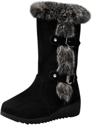 Fuzzy Winter Snow Boots For Women Fashion Flock Fur Lined Insulated Warm Womens Mid-Calf Boots Fleece Furry Soft Cozy Boots