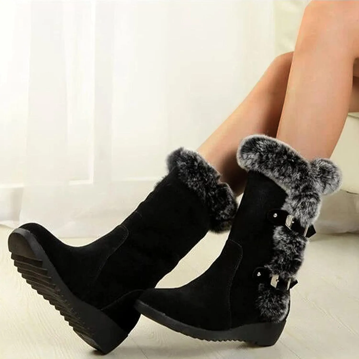 Fuzzy Winter Snow Boots For Women Fashion Flock Fur Lined Insulated Warm Womens Mid-Calf Boots Fleece Furry Soft Cozy Boots
