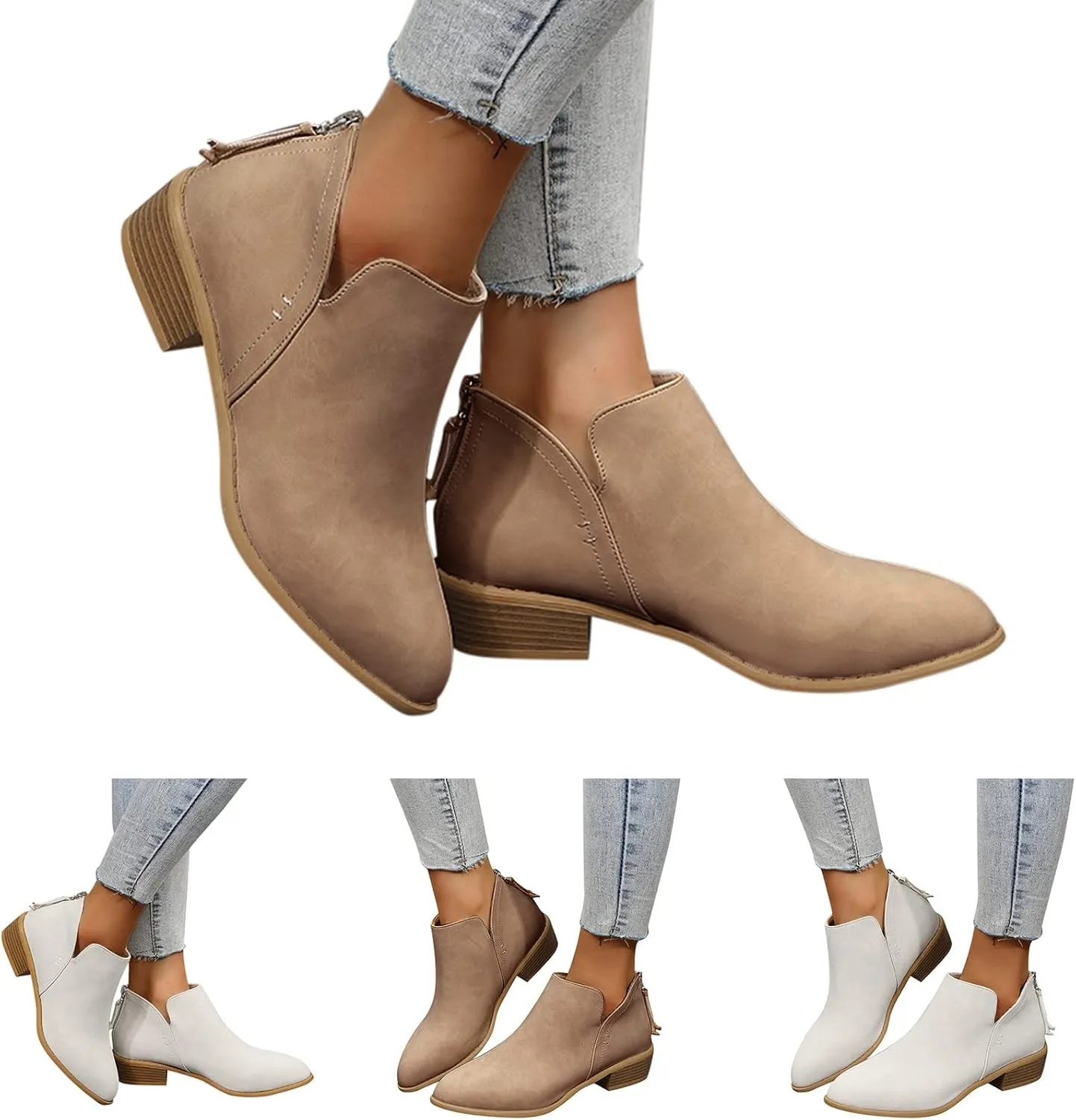 Gibobby Booties for Women Low Heel Retro V-Cut Short Warm Boots Closed Toe Low Heel Combat Western Shoes
