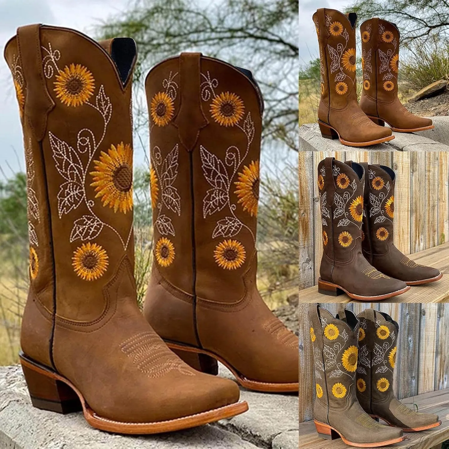Gibobby Boots for Women Embroidered Boots Sunflower Printed Mid Calf Chunky Heel Boots Western Cowgirl Boots Cowboy Boots
