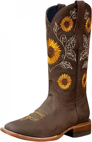 Gibobby Boots for Women Embroidered Boots Sunflower Printed Mid Calf Chunky Heel Boots Western Cowgirl Boots Cowboy Boots