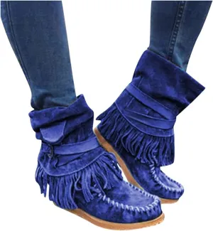 Gibobby Boots for Womens Mid Knee High Boots Chunky Heel Fringe Side Zipper Fashion Winter Shoes Cowboy Booties