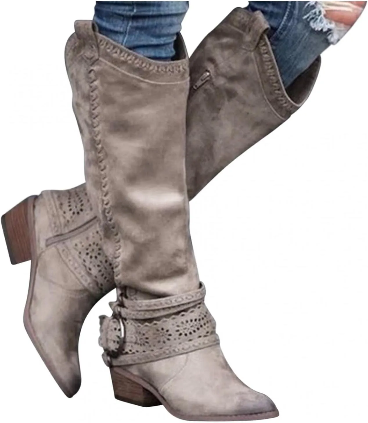 Gibobby Snow Boots for Women Mid Knee High Boots Chunky Heel Wide Calf Side Zipper Fashion Winter Shoes Cowboy Booties