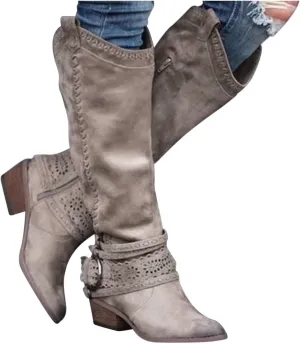 Gibobby Snow Boots for Women Mid Knee High Boots Chunky Heel Wide Calf Side Zipper Fashion Winter Shoes Cowboy Booties