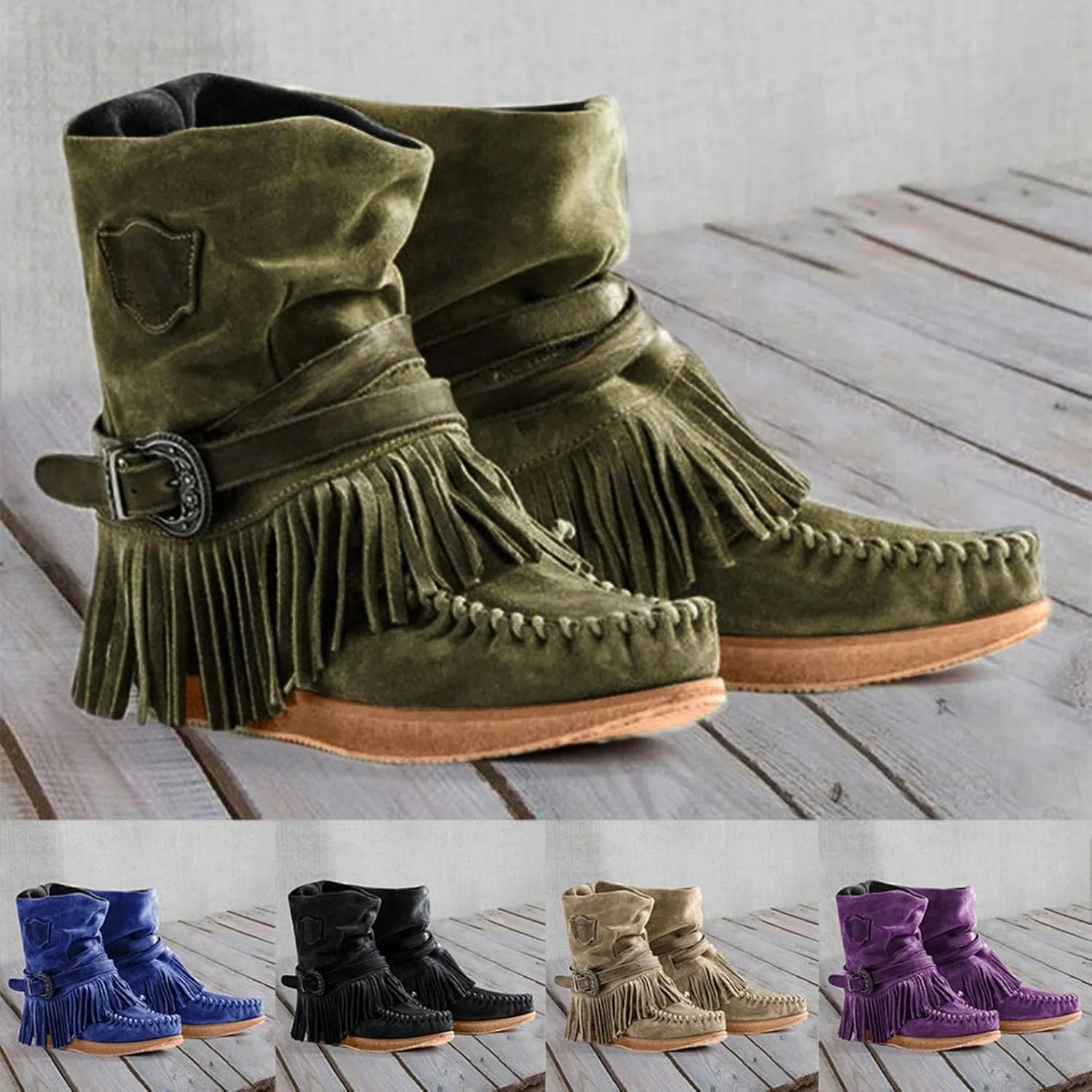 Gibobby Women Boots Mid Knee High Boots Chunky Heel Fringe Side Zipper Fashion Winter Shoes Cowboy Booties