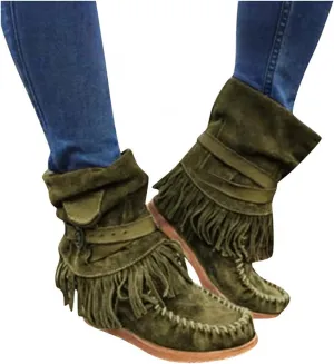 Gibobby Women Boots Mid Knee High Boots Chunky Heel Fringe Side Zipper Fashion Winter Shoes Cowboy Booties