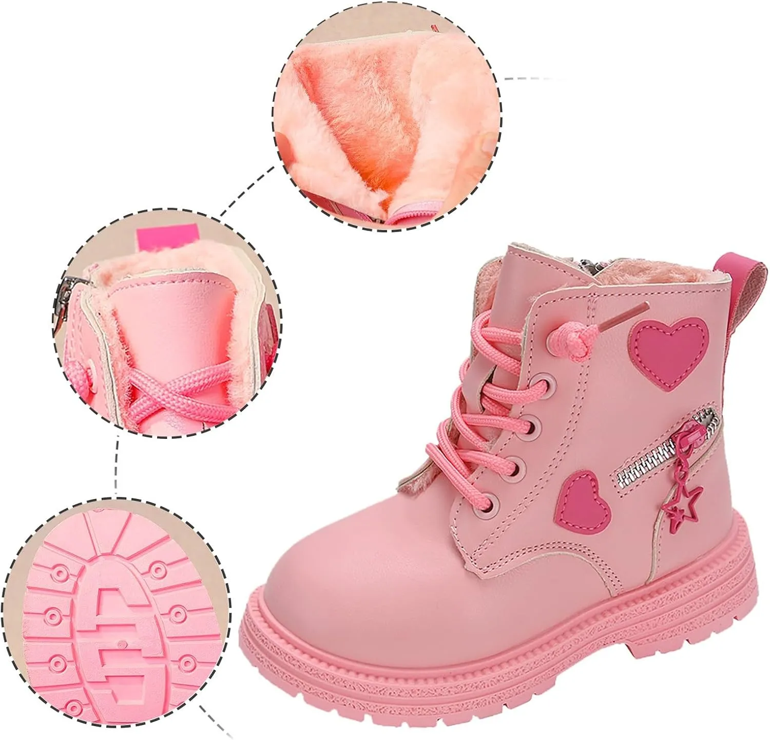 Girls Ankle Boots Lace up Sie Zipper Combat Booties Lug Sole Chunky Heel Boots Winter Wram Fuax Fur Lined Dress Shoes