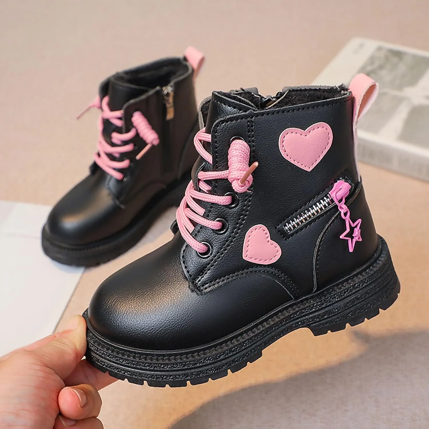 Girls Ankle Boots Lace up Sie Zipper Combat Booties Lug Sole Chunky Heel Boots Winter Wram Fuax Fur Lined Dress Shoes