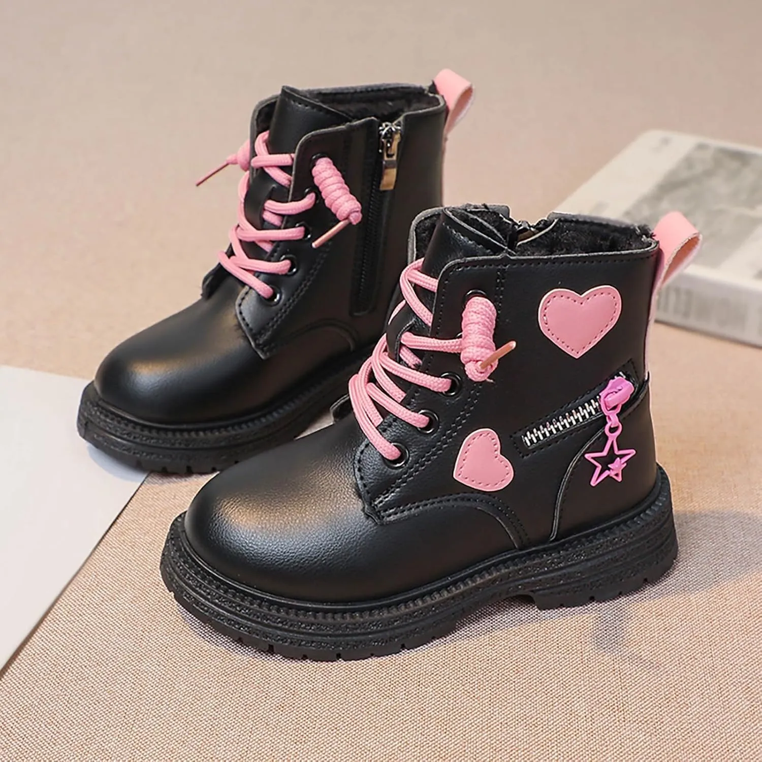 Girls Ankle Boots Lace up Sie Zipper Combat Booties Lug Sole Chunky Heel Boots Winter Wram Fuax Fur Lined Dress Shoes