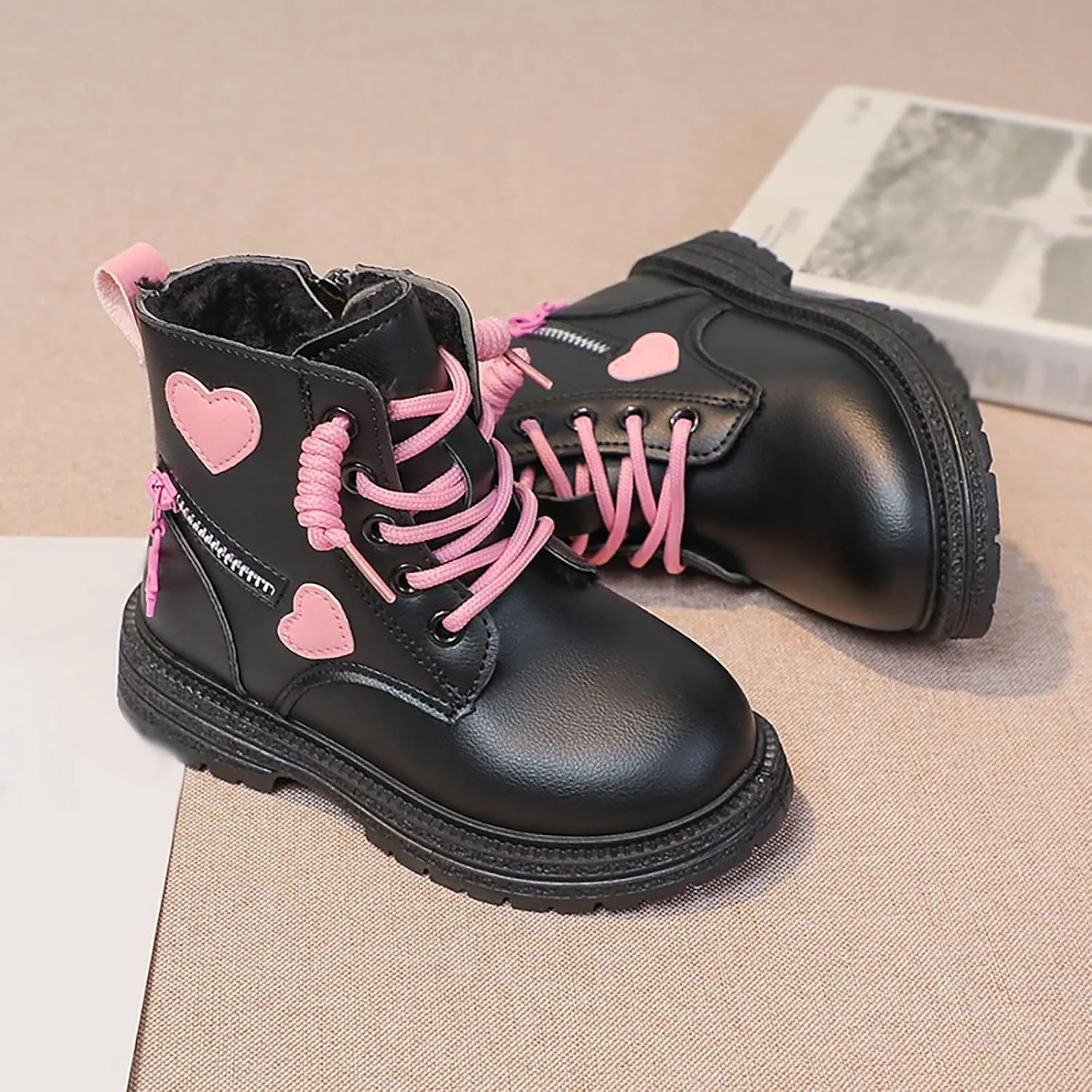 Girls Ankle Boots Lace up Sie Zipper Combat Booties Lug Sole Chunky Heel Boots Winter Wram Fuax Fur Lined Dress Shoes