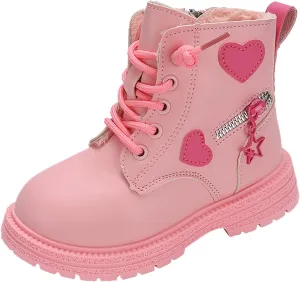 Girls Ankle Boots Lace up Sie Zipper Combat Booties Lug Sole Chunky Heel Boots Winter Wram Fuax Fur Lined Dress Shoes