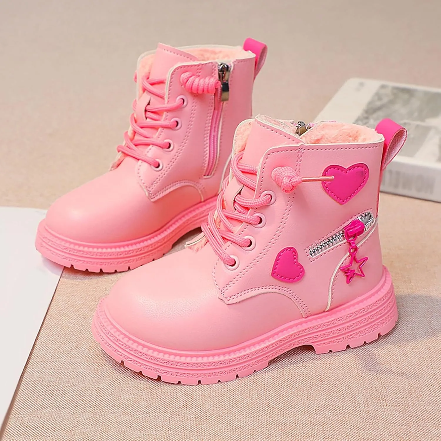 Girls Ankle Boots Lace up Sie Zipper Combat Booties Lug Sole Chunky Heel Boots Winter Wram Fuax Fur Lined Dress Shoes