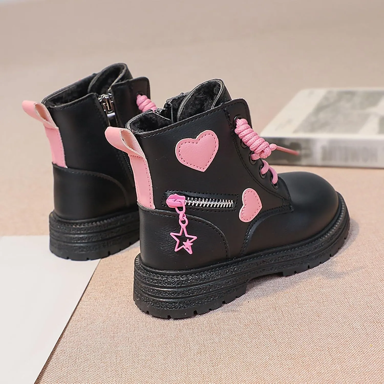 Girls Ankle Boots Lace up Sie Zipper Combat Booties Lug Sole Chunky Heel Boots Winter Wram Fuax Fur Lined Dress Shoes