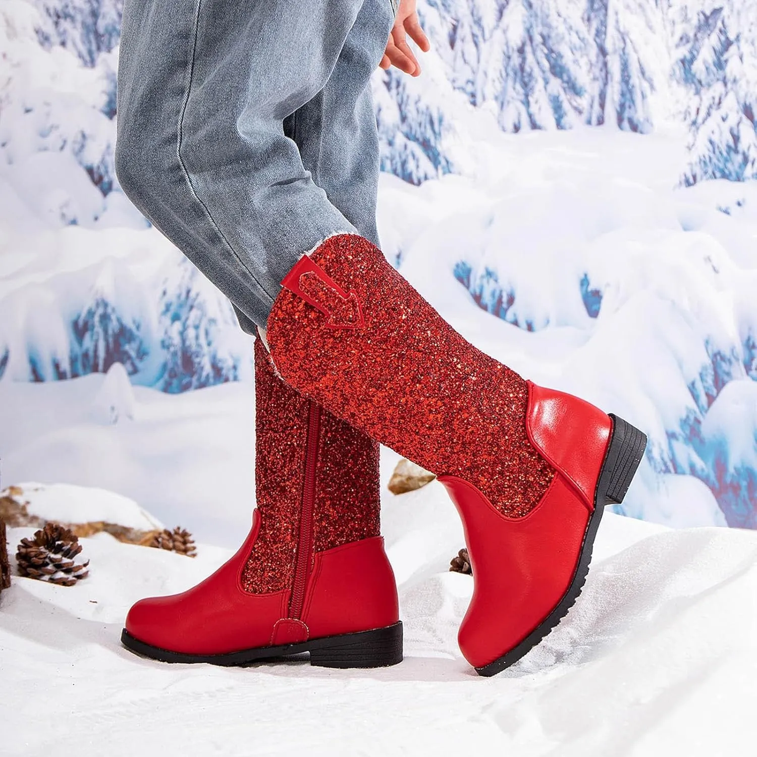 Girls Cowgirl Boots Mid Calf Square Toe Western Boot for Kids Sparkly Glitter Cowboy Boots Toddler Girls Outdoor Shoe