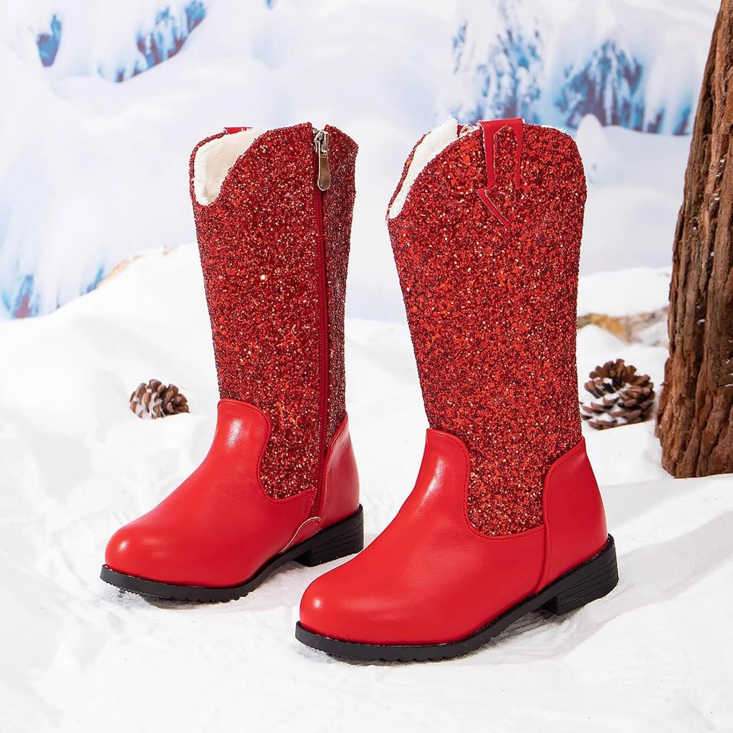 Girls Cowgirl Boots Mid Calf Square Toe Western Boot for Kids Sparkly Glitter Cowboy Boots Toddler Girls Outdoor Shoe