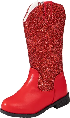 Girls Cowgirl Boots Mid Calf Square Toe Western Boot for Kids Sparkly Glitter Cowboy Boots Toddler Girls Outdoor Shoe