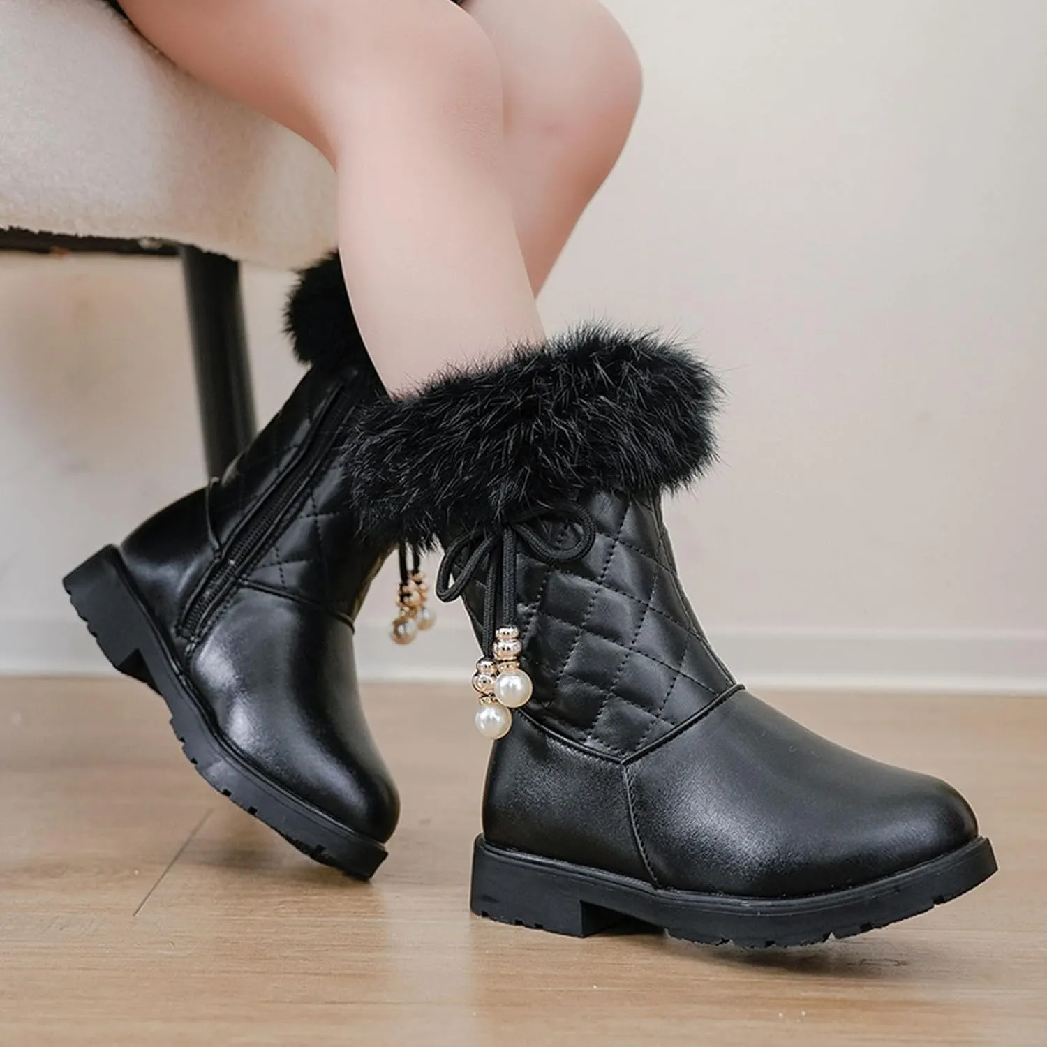 Girls Winter Snow Boots Furry Fuzzy Fluffy Warm Winter Booties Mid Calf Anti-Slip Outdoor Walking Boots Casual Shoes