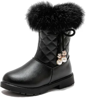 Girls Winter Snow Boots Furry Fuzzy Fluffy Warm Winter Booties Mid Calf Anti-Slip Outdoor Walking Boots Casual Shoes