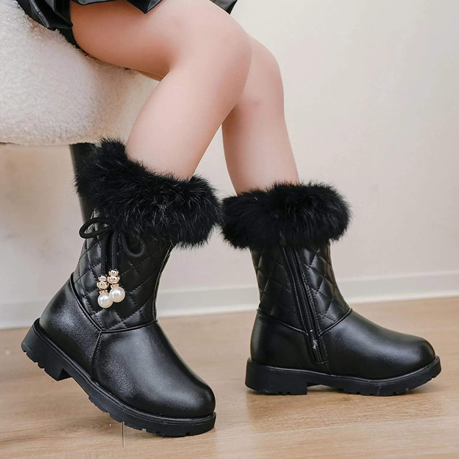 Girls Winter Snow Boots Furry Fuzzy Fluffy Warm Winter Booties Mid Calf Anti-Slip Outdoor Walking Boots Casual Shoes