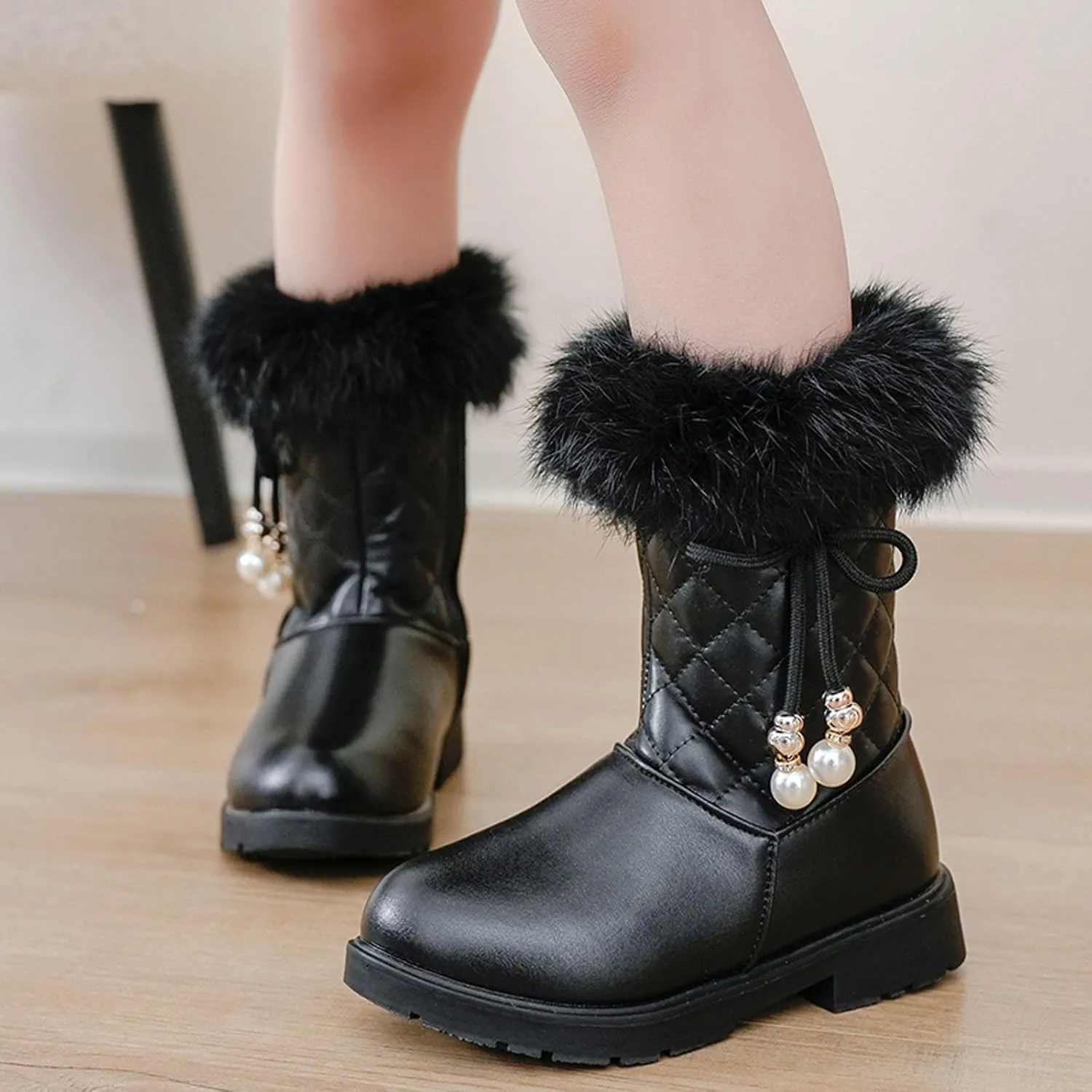 Girls Winter Snow Boots Furry Fuzzy Fluffy Warm Winter Booties Mid Calf Anti-Slip Outdoor Walking Boots Casual Shoes