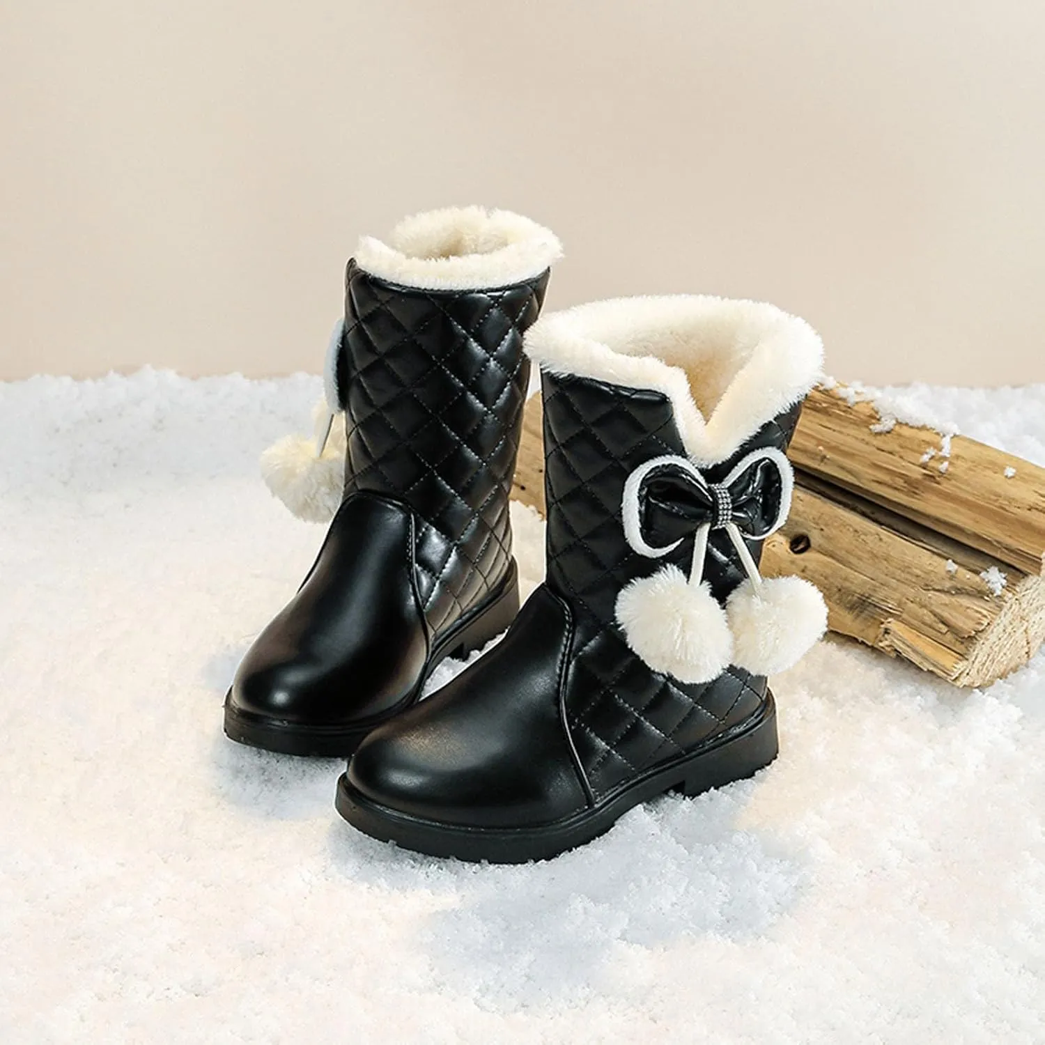 Girls Winter Warm Shoes Mid Calf Snow Boots Faux Fur Lined Warm Booties Non Slip Walking Shoes Little Kids/Big Kids