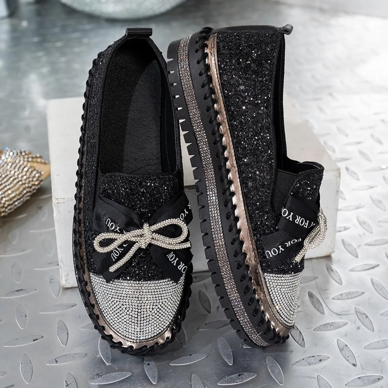 Glitter Women Slip On Sneakers Platform Sneakers Casual Rhinestones Sneakers Sparkle Sneakers Sequin Tennis Shoes