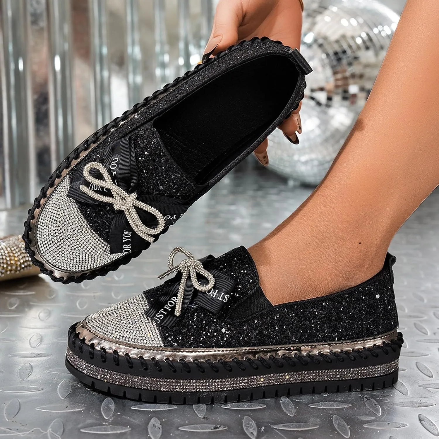 Glitter Women Slip On Sneakers Platform Sneakers Casual Rhinestones Sneakers Sparkle Sneakers Sequin Tennis Shoes