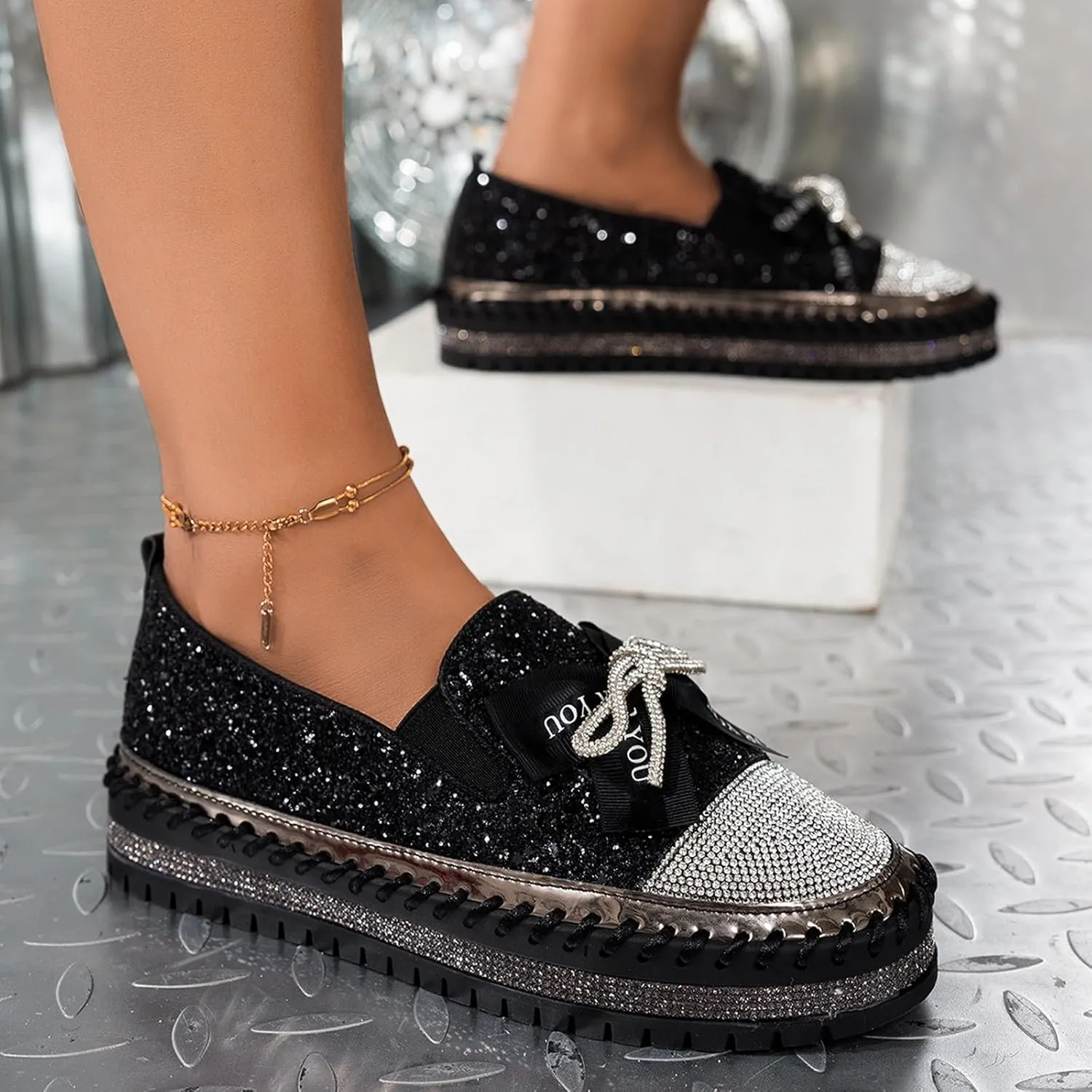 Glitter Women Slip On Sneakers Platform Sneakers Casual Rhinestones Sneakers Sparkle Sneakers Sequin Tennis Shoes