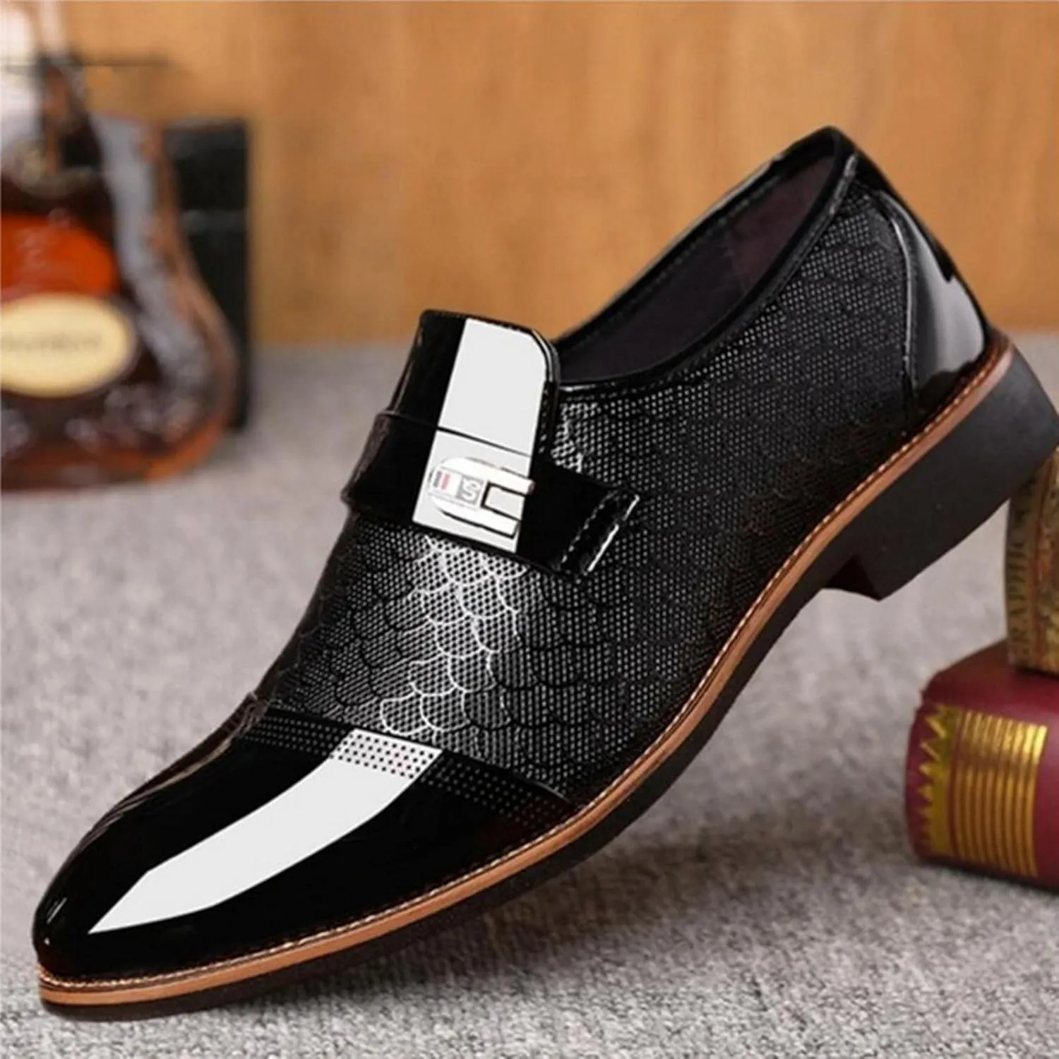Hbeylia Men's Prince Classic Modern Formal Oxford Wingtip Dress Shoes Fashion Leather Slip On Pointed Toe Formal Business Shoes Tuxedo Modern Derby Shoes For Men Business Office Work Wedding