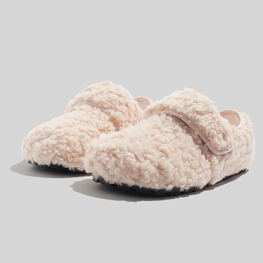 Kawaii Faux Shearling Loafer Shoes - Y2K Retro Hook & Loop Slip-On Streetwear for Women & Girls, Comfy Plush-Lined Chunky Casual Sandals for Back to School, Ski Trips, All-Match Minimalist Style