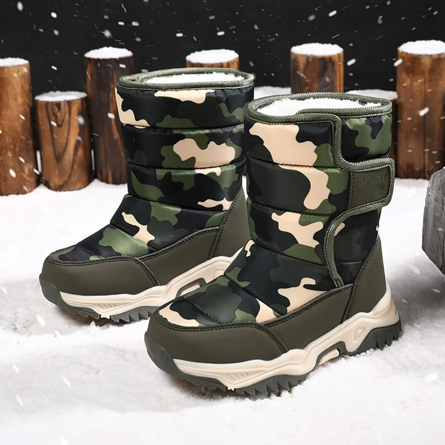 Kids Boys Girls Snow Boots Faux Fur Lined Mid Calf Shoes Waterproof Cold Weather Snow Boots for Girls