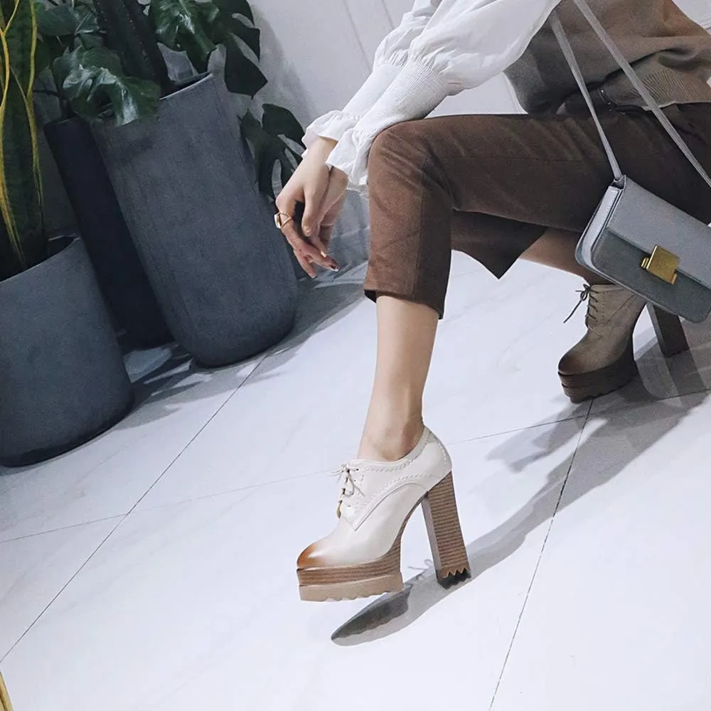 LEHOOR Women High Block Heel Platform Loafers Lace Up Round Toe High Chunky Stacked Heels Pumps Dress Shoes Burnished Matte Leather Comfort for Ladies Work Party 4-10 M US