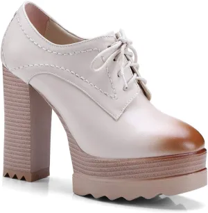 LEHOOR Women High Block Heel Platform Loafers Lace Up Round Toe High Chunky Stacked Heels Pumps Dress Shoes Burnished Matte Leather Comfort for Ladies Work Party 4-10 M US
