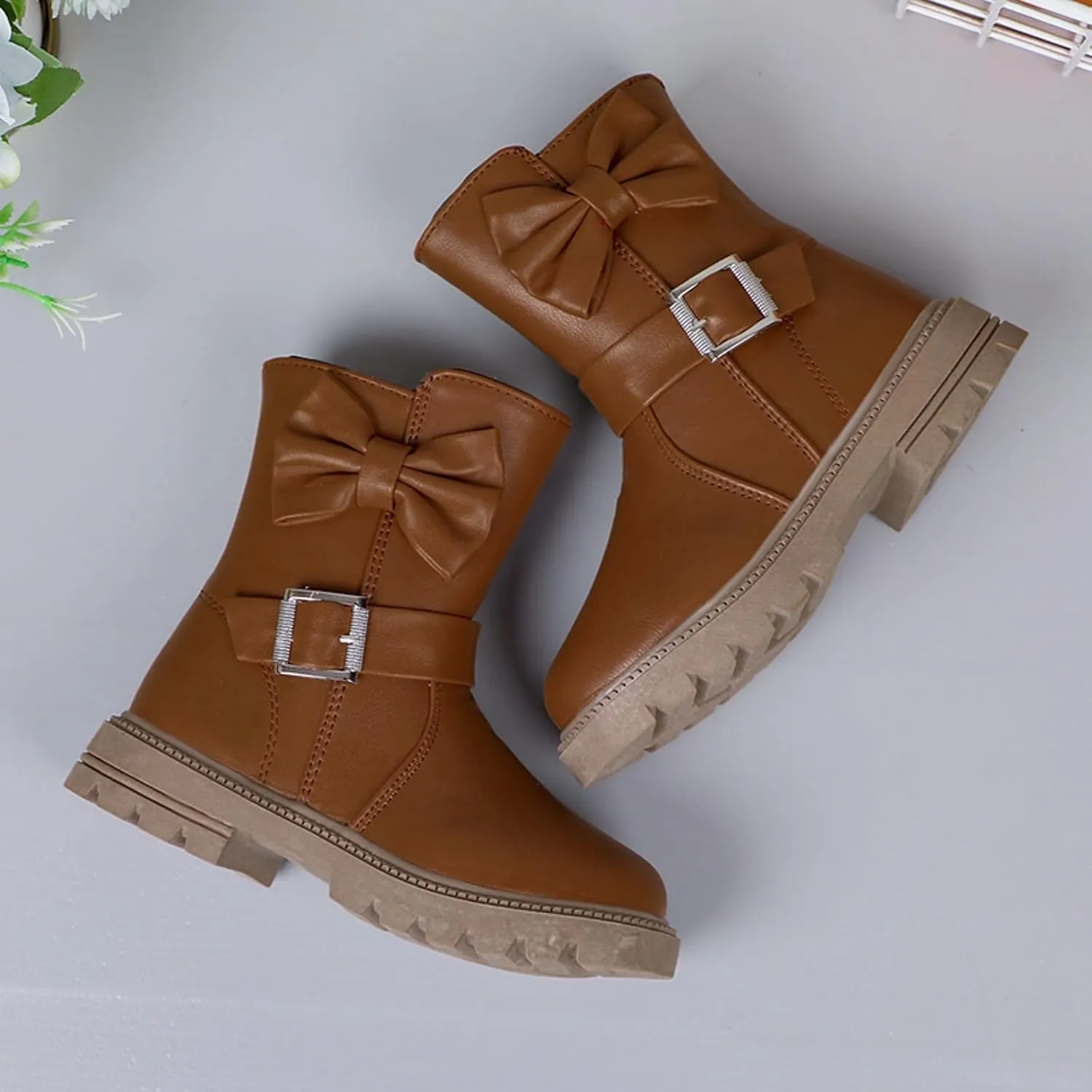 Little Girls Boots Cute Bowknot Dress Boots Anti Slip Low Heel Boots Fashion Comfortable Motorcycle Riding Boots