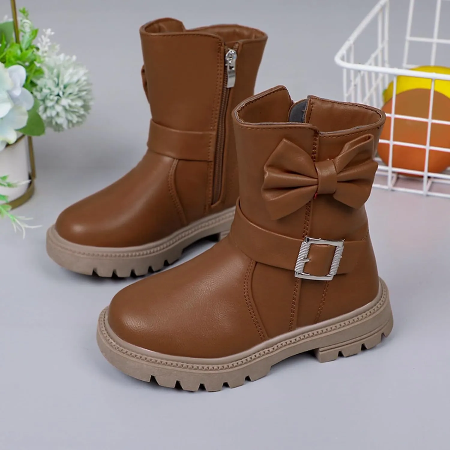 Little Girls Boots Cute Bowknot Dress Boots Anti Slip Low Heel Boots Fashion Comfortable Motorcycle Riding Boots