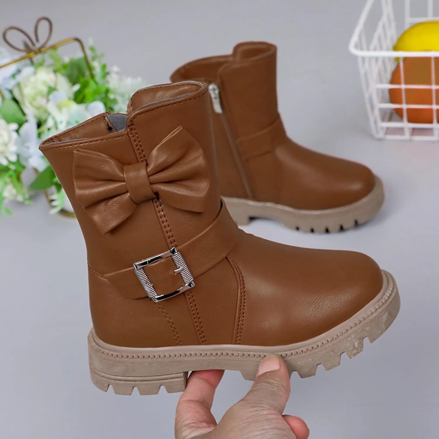 Little Girls Boots Cute Bowknot Dress Boots Anti Slip Low Heel Boots Fashion Comfortable Motorcycle Riding Boots