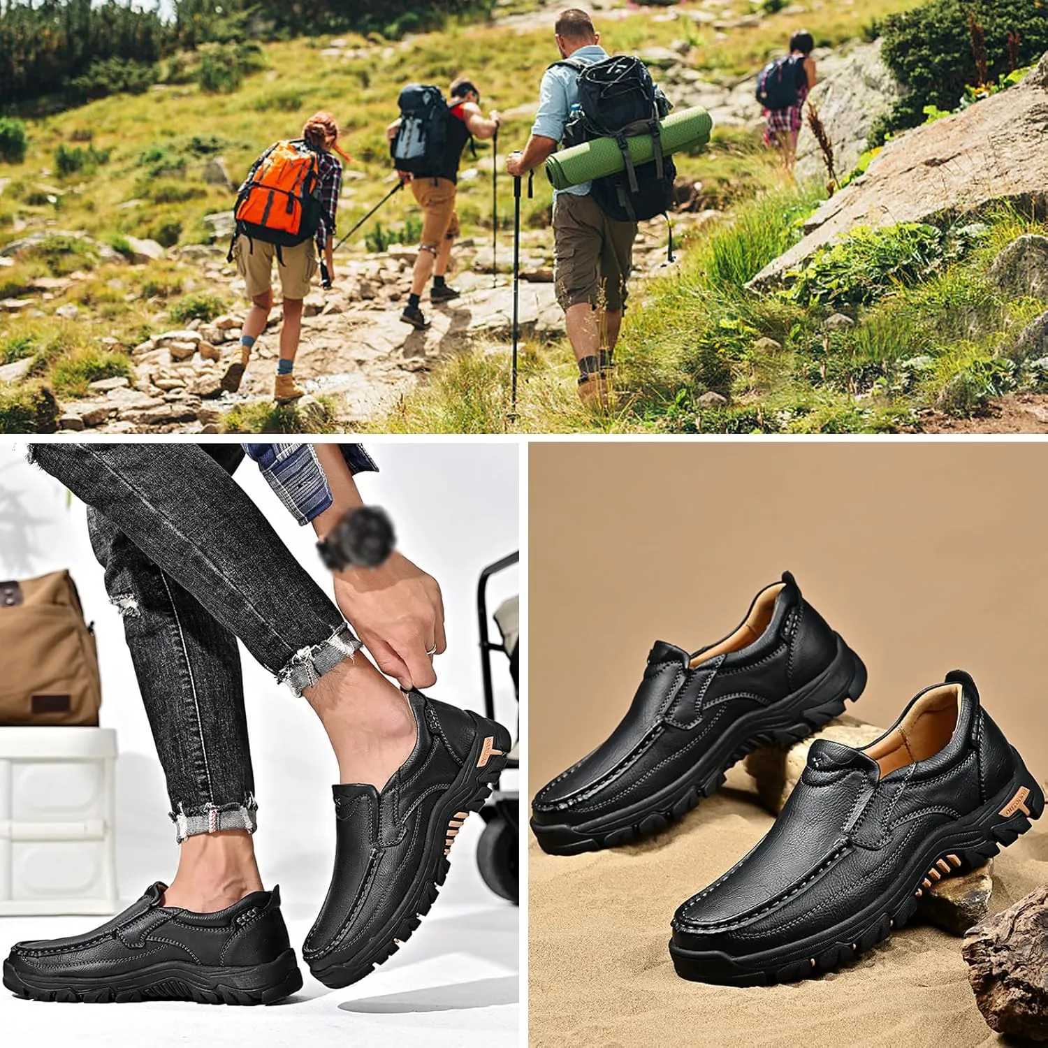 Men Slip on Loafers, Leather Hiking Shoes, Waterproof Causal Sneakers, Work Walking Slippers, Easy Wear on/Off, for Travel, Camping, Running