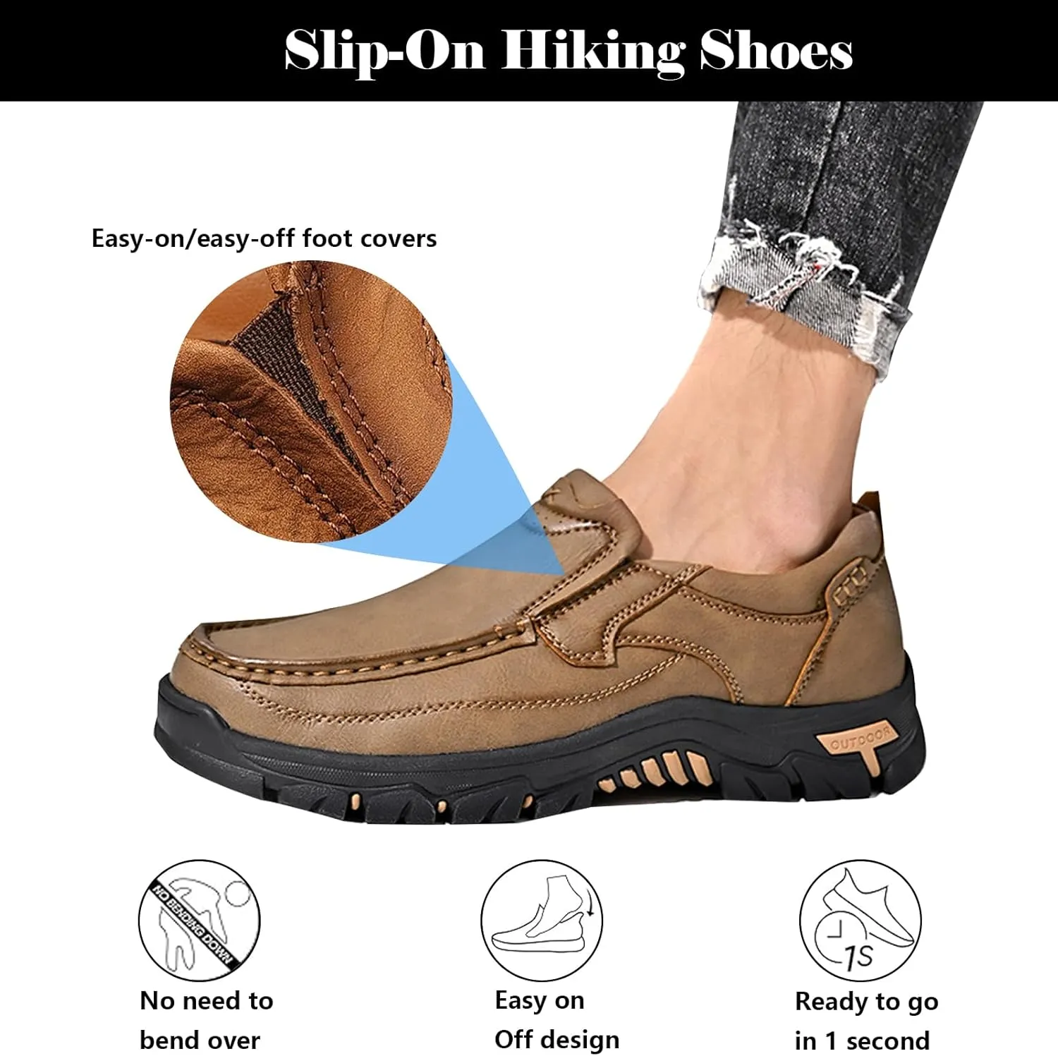 Men Slip on Loafers, Leather Hiking Shoes, Waterproof Causal Sneakers, Work Walking Slippers, Easy Wear on/Off, for Travel, Camping, Running