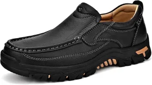 Men Slip on Loafers, Leather Hiking Shoes, Waterproof Causal Sneakers, Work Walking Slippers, Easy Wear on/Off, for Travel, Camping, Running