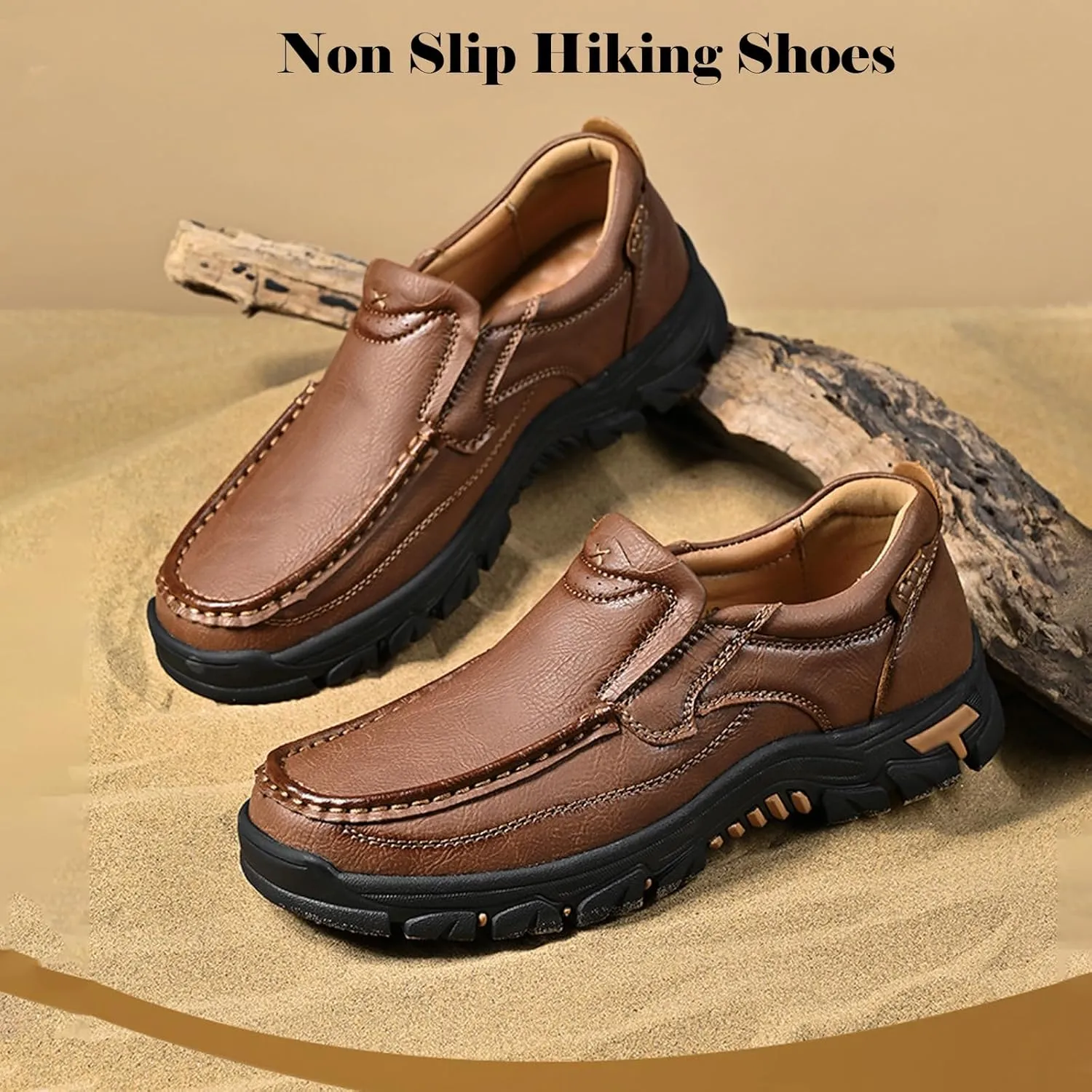Men Slip on Loafers, Leather Hiking Shoes, Waterproof Causal Sneakers, Work Walking Slippers, Easy Wear on/Off, for Travel, Camping, Running