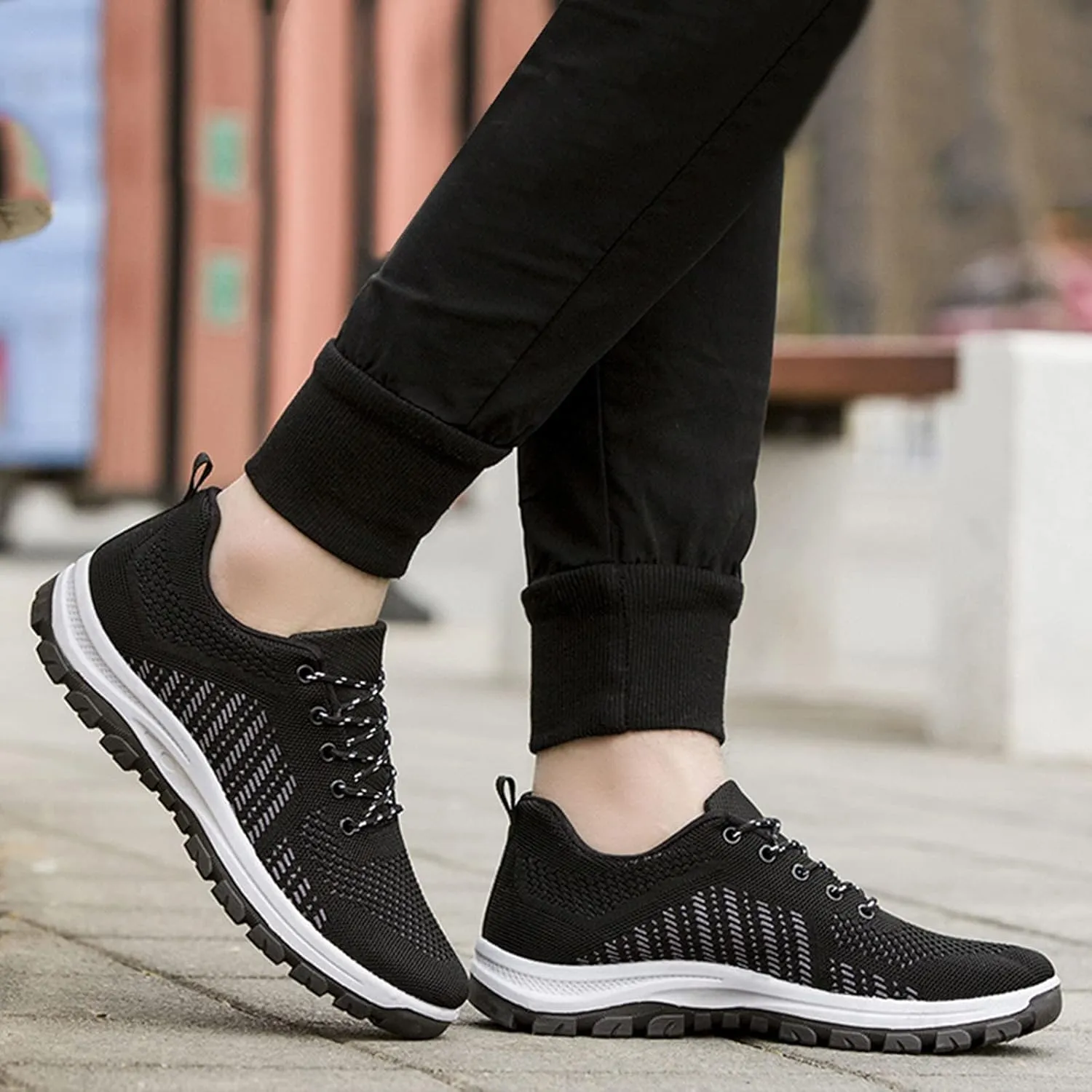 Mens Comfy Sports Sneakers with Arch Support Breathable Mesh Knit Cushion Running Shoes Low Top Casual Walking Sneakers Lace up Non-Slip Hiking Shoes Summer Daily Work Footwear