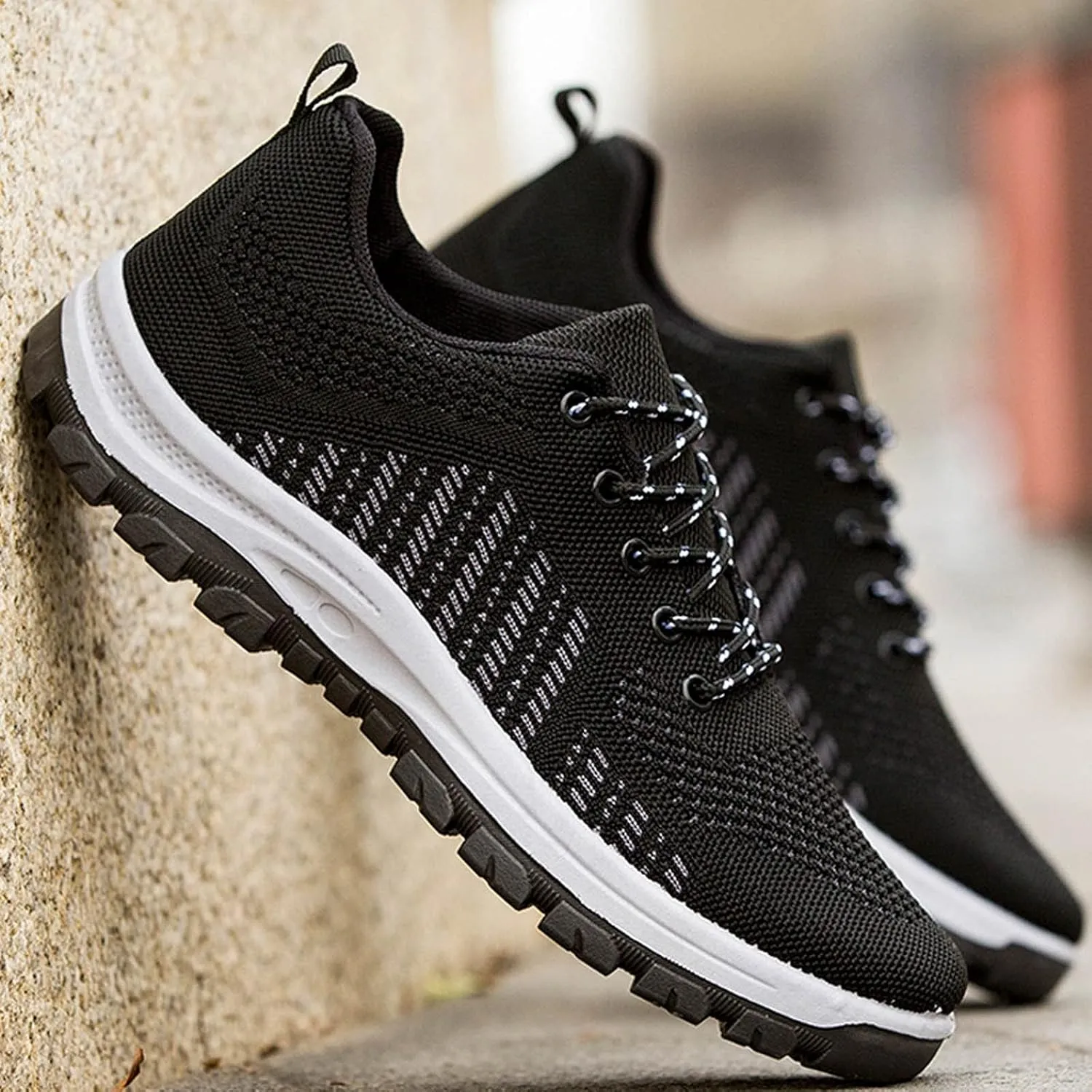 Mens Comfy Sports Sneakers with Arch Support Breathable Mesh Knit Cushion Running Shoes Low Top Casual Walking Sneakers Lace up Non-Slip Hiking Shoes Summer Daily Work Footwear
