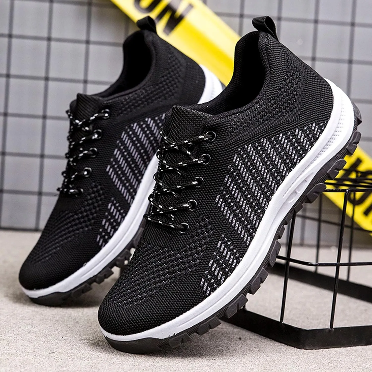 Mens Comfy Sports Sneakers with Arch Support Breathable Mesh Knit Cushion Running Shoes Low Top Casual Walking Sneakers Lace up Non-Slip Hiking Shoes Summer Daily Work Footwear