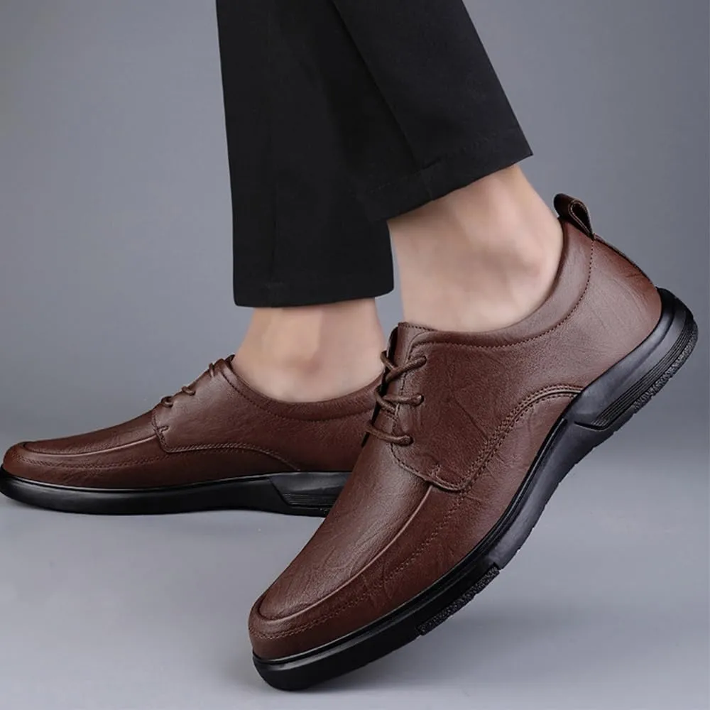 Mens Derby Shoes Genuine Non-Slip Fashion Classic Round-Toe Low Top Block High Heel Leather Oxford
